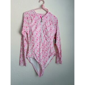 Betsey Johnson XL Pink Floral Long Sleeve One Piece Rash Guard Swimsuit paddle